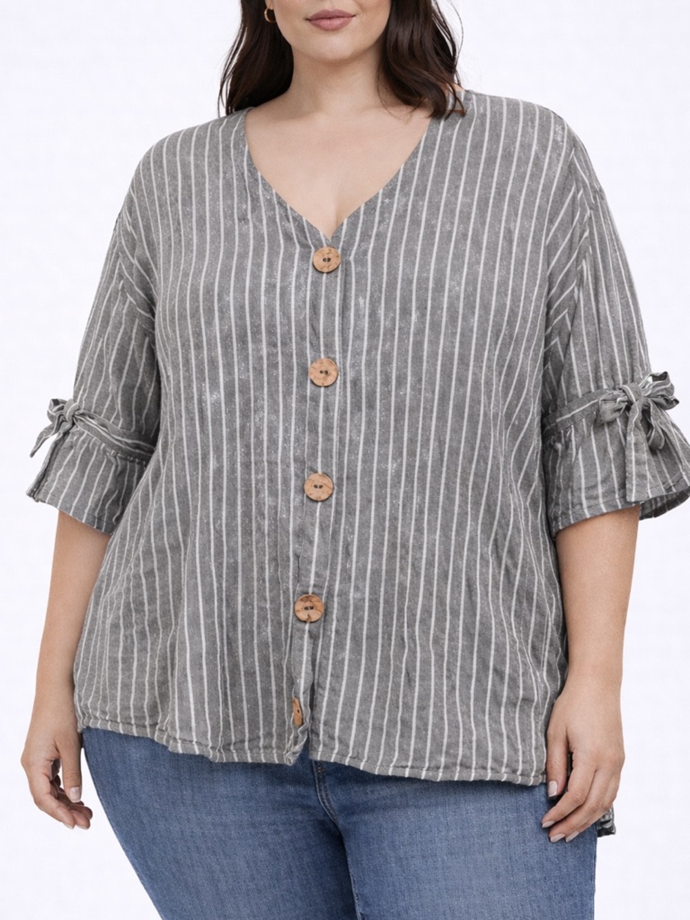 Cato Womens Gray Striped Button Front Top Tie Sleeves Boho Chic Summer‎